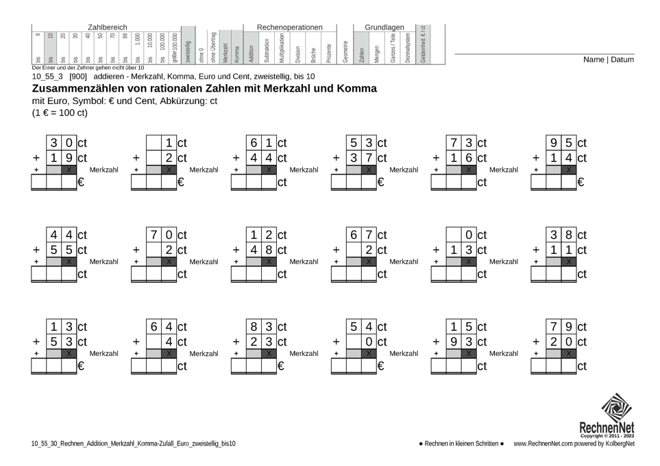 10_55_3 Rechnen Addition Merkzahl Komma Euro zweistellig bis10