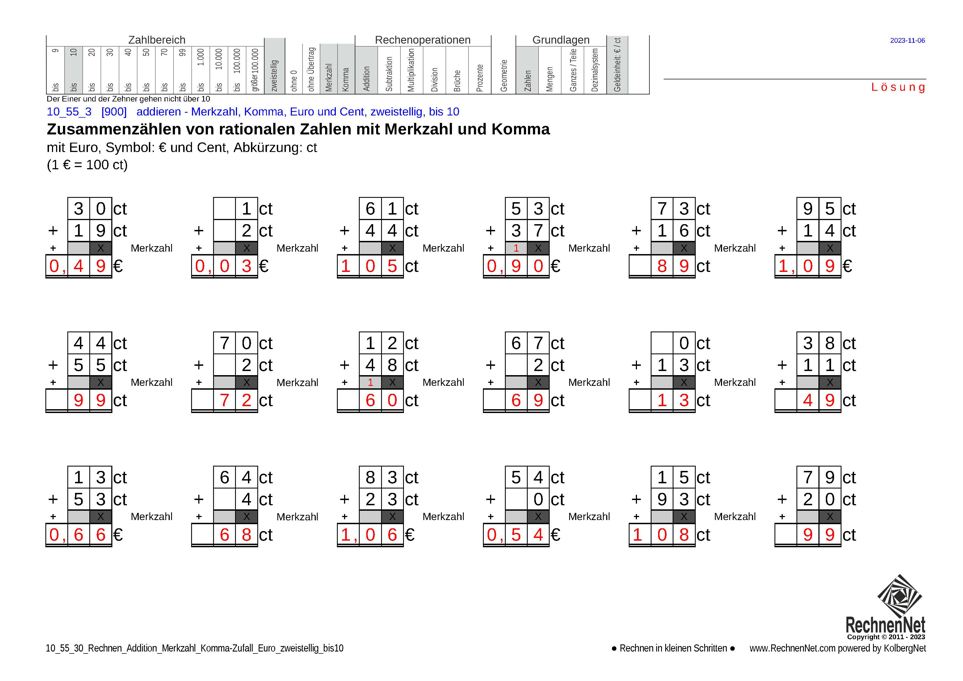 Lösung: 10_55_3 Rechnen Addition Merkzahl Komma Euro zweistellig bis10
