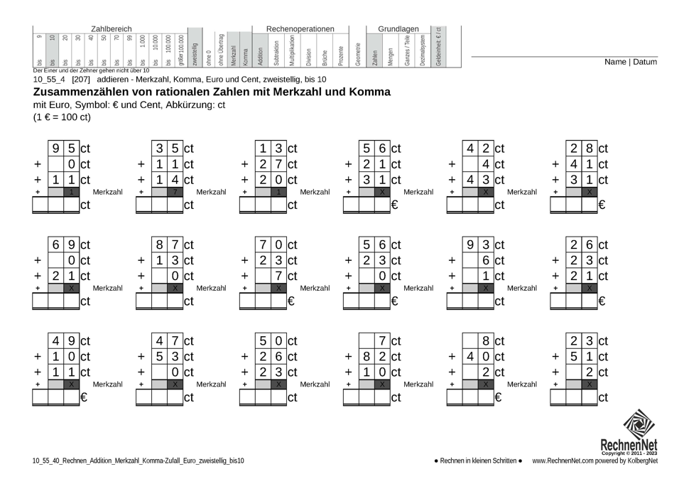10_55_4 Rechnen Addition Merkzahl Komma Euro zweistellig bis10 10_55_4 Rechnen Addition Merkzahl Komma Euro zweistellig bis10