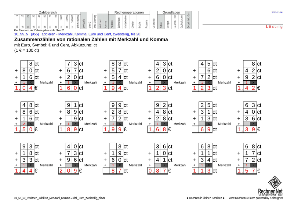 Lösung: 10_55_5 Rechnen Addition Merkzahl Komma Euro zweistellig bis20 Lösung: 10_55_5 Rechnen Addition Merkzahl Komma Euro zweistellig bis20