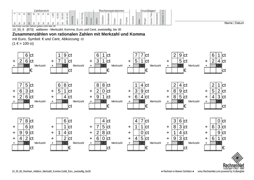 10_55_6 Rechnen Addition Merkzahl Komma Euro zweistellig bis30 10_55_6 Rechnen Addition Merkzahl Komma Euro zweistellig bis30