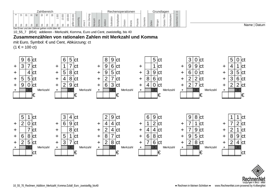 10_55_7 Rechnen Addition Merkzahl Komma Euro zweistellig bis40 10_55_7 Rechnen Addition Merkzahl Komma Euro zweistellig bis40