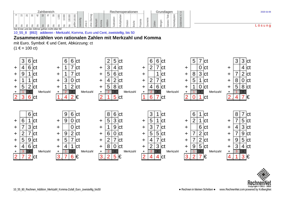 Lösung: 10_55_8 Rechnen Addition Merkzahl Komma Euro zweistellig bis50 Lösung: 10_55_8 Rechnen Addition Merkzahl Komma Euro zweistellig bis50