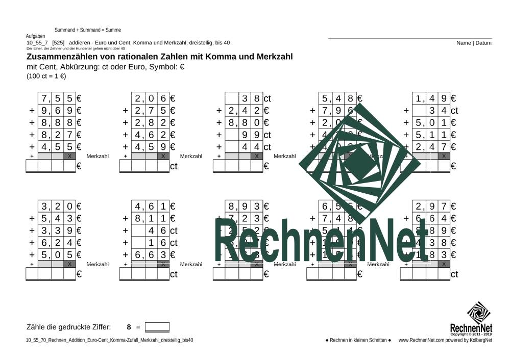 10_55_7 Rechnen Addition Euro-Cent Komma Merkzahl dreistellig_bis40