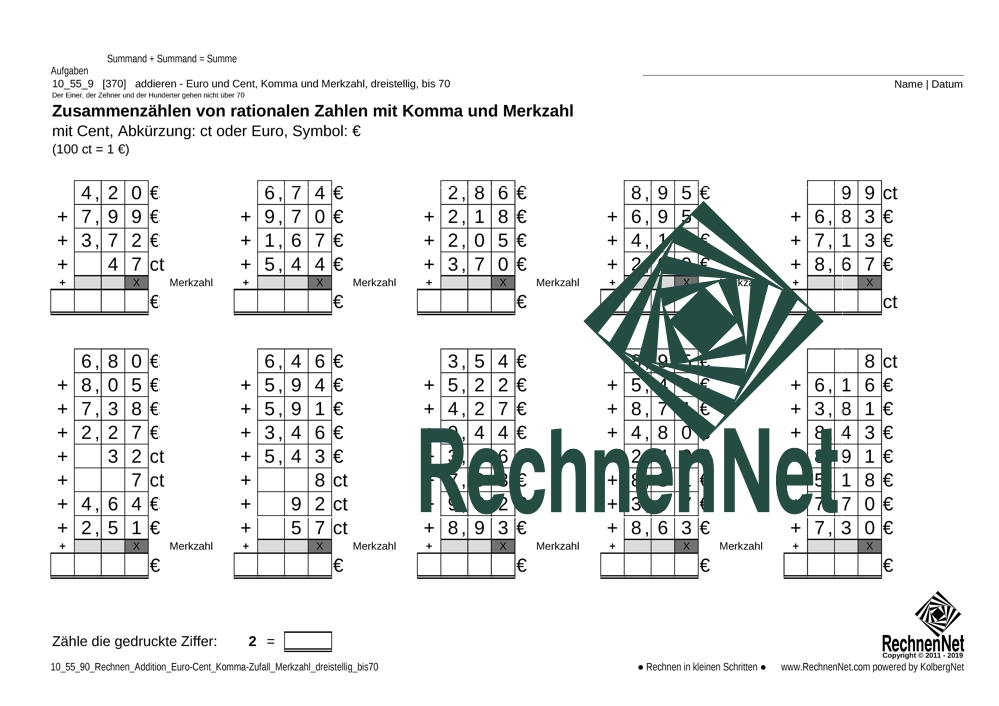 10_55_9 Rechnen Addition Euro-Cent Komma Merkzahl dreistellig_bis70