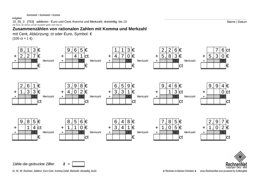 10_56_3 Rechnen Addition Merkzahl Komma Euro dreistellig bis10