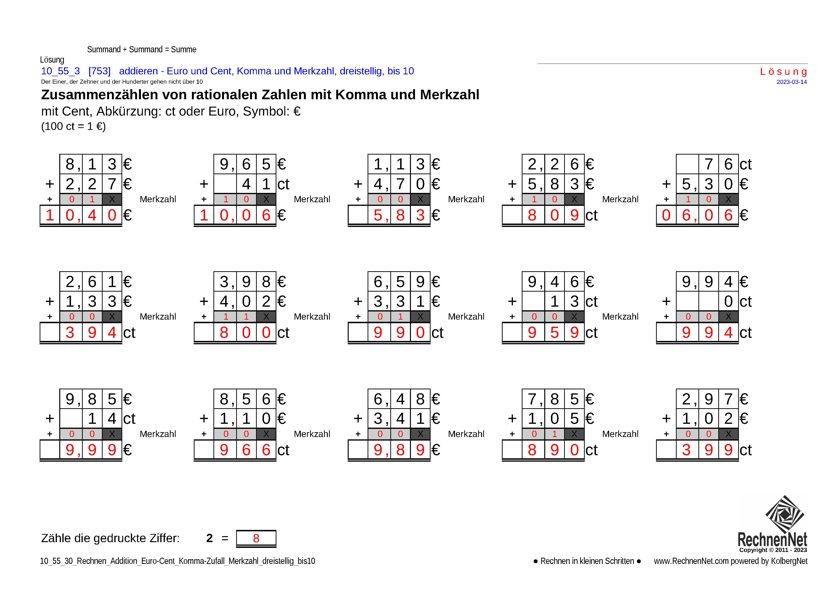 Lösung: 10_56_3 Rechnen Addition Merkzahl Komma Euro dreistellig bis10