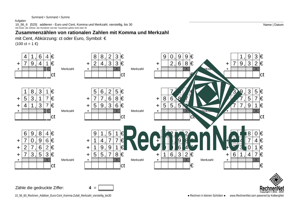 10_56_6 Rechnen Addition Euro-Cent Komma Merkzahl vierstellig_bis30