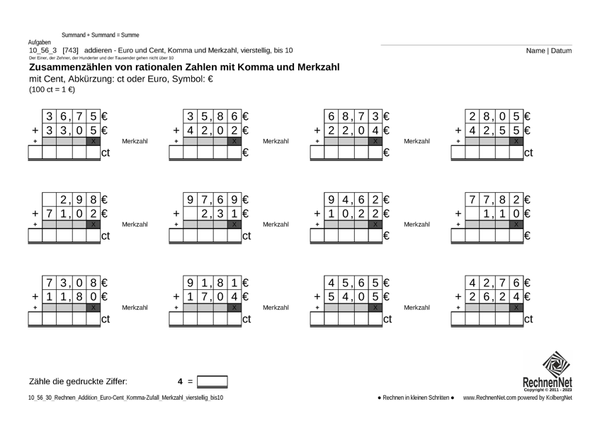 10_57_3 Rechnen Addition Merkzahl Komma Euro vierstellig bis10