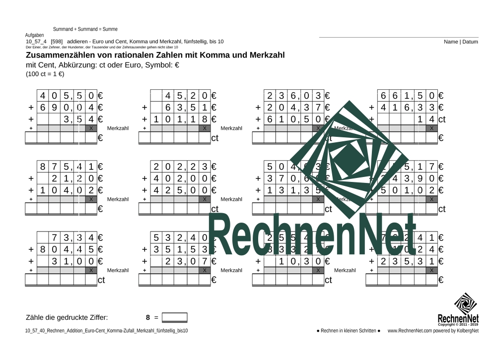 10_57_4 Rechnen Addition Euro-Cent Komma Merkzahl fünfstellig_bis10