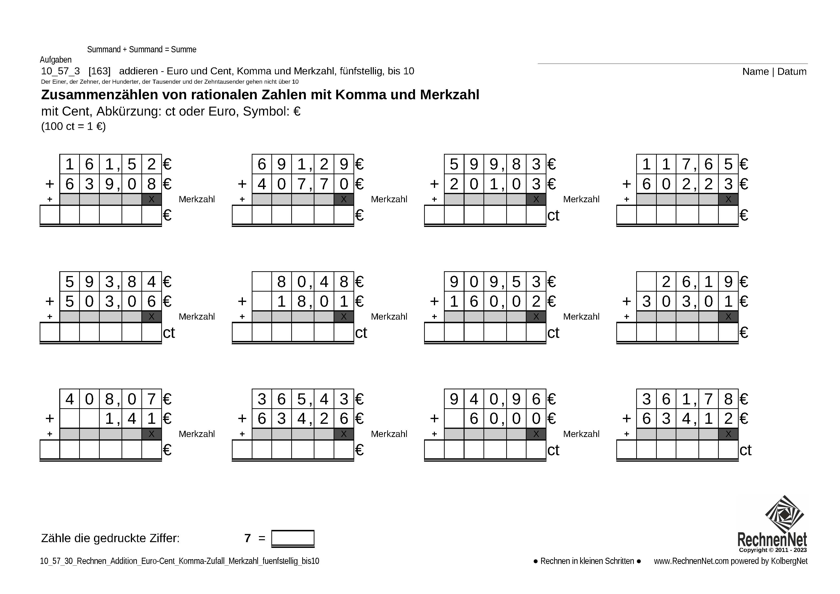 10_58_3 Rechnen Addition Merkzahl Komma Euro fünfstellig bis10