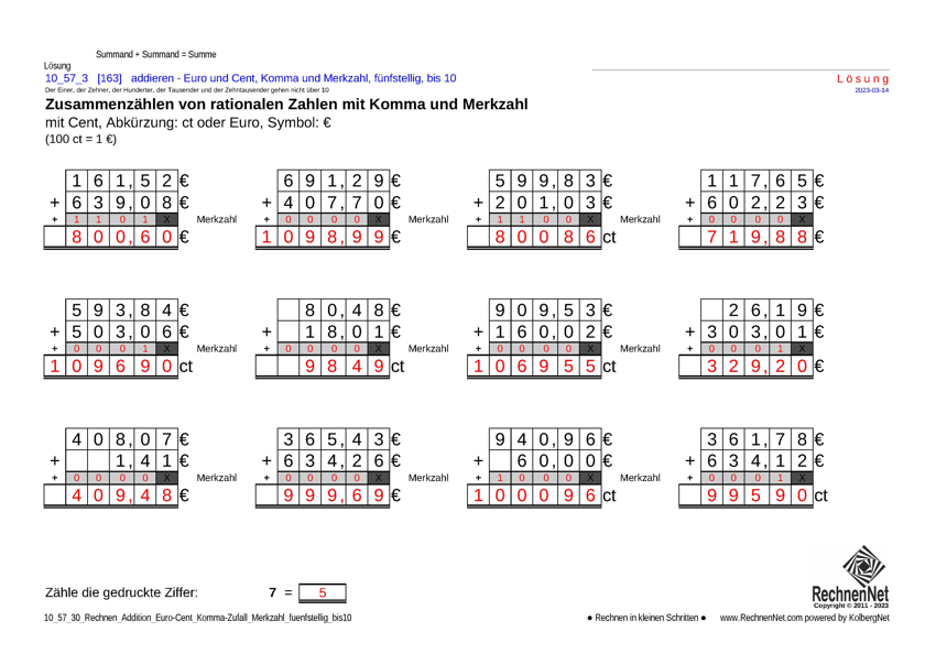 Lösung: 10_58_3 Rechnen Addition Merkzahl Komma Euro fünfstellig bis10