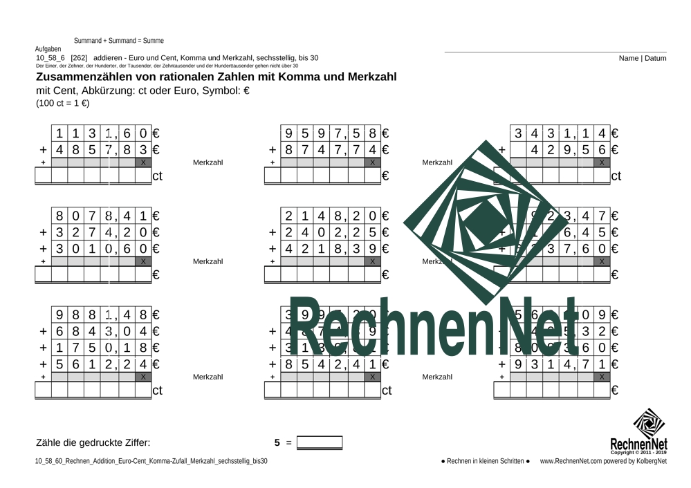 10_58_6 Rechnen Addition Euro-Cent Komma Merkzahl sechsstellig_bis30