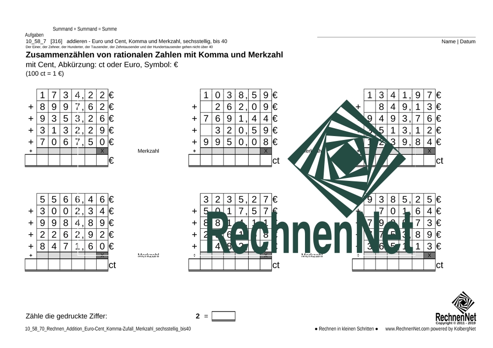 10_58_7 Rechnen Addition Euro-Cent Komma Merkzahl sechsstellig_bis40