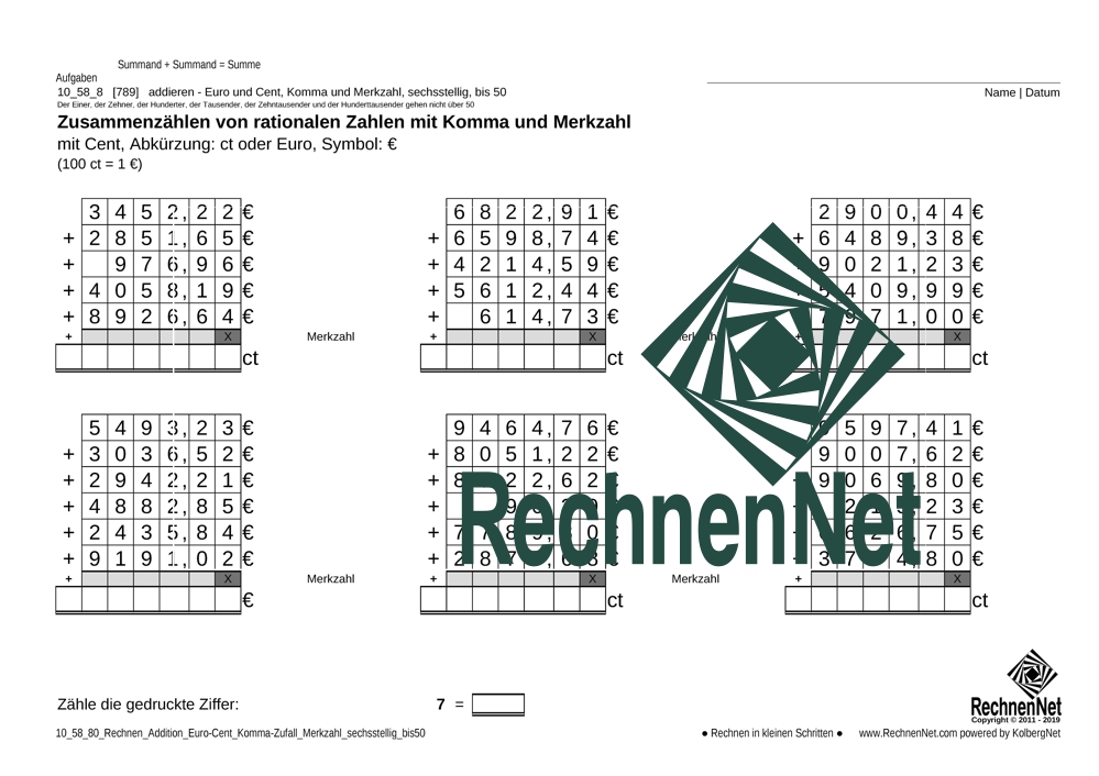 10_58_8 Rechnen Addition Euro-Cent Komma Merkzahl sechsstellig_bis50