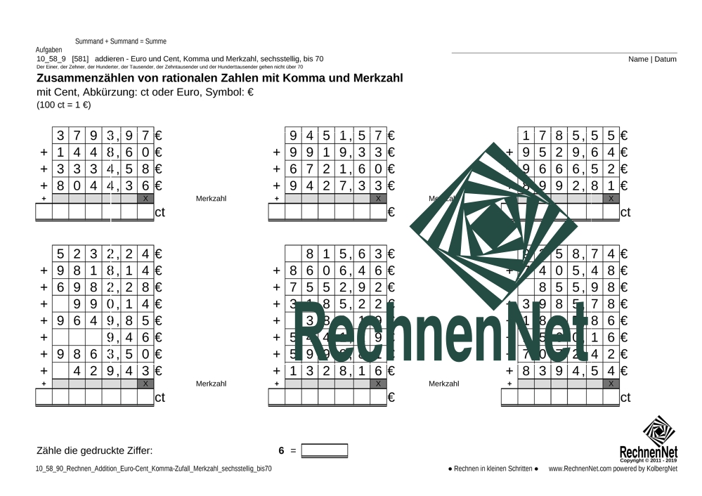10_58_9 Rechnen Addition Euro-Cent Komma Merkzahl sechsstellig_bis70