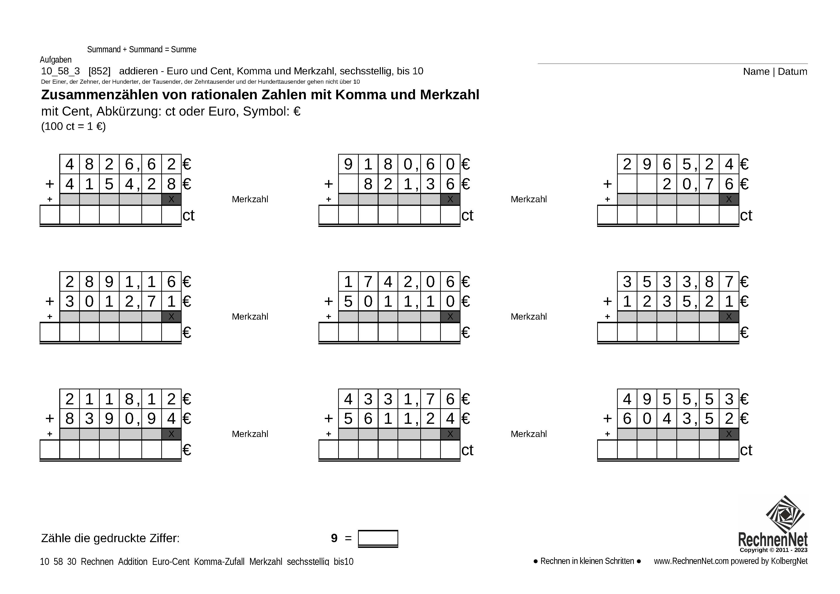 10_59_3 Rechnen Addition Merkzahl Komma Euro sechsstellig bis10