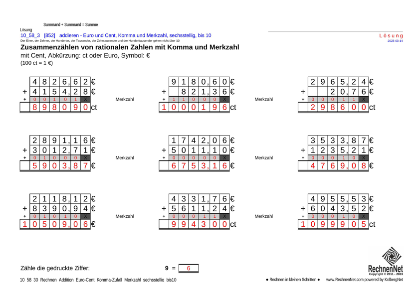 Lösung: 10_59_3 Rechnen Addition Merkzahl Komma Euro sechsstellig bis10