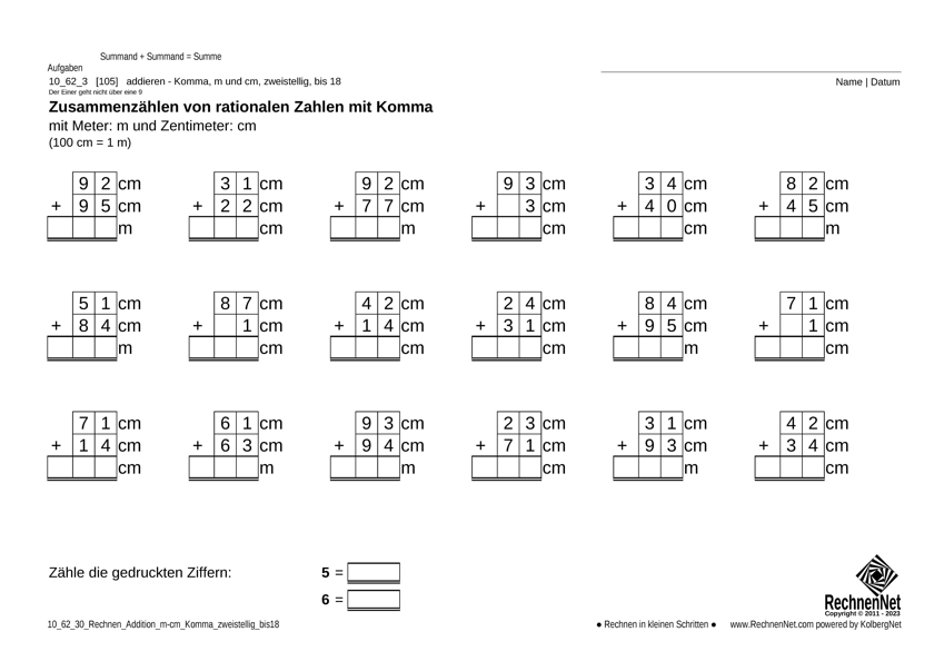 10_62_3 Rechnen Addition m-cm Komma zweistellig bis18