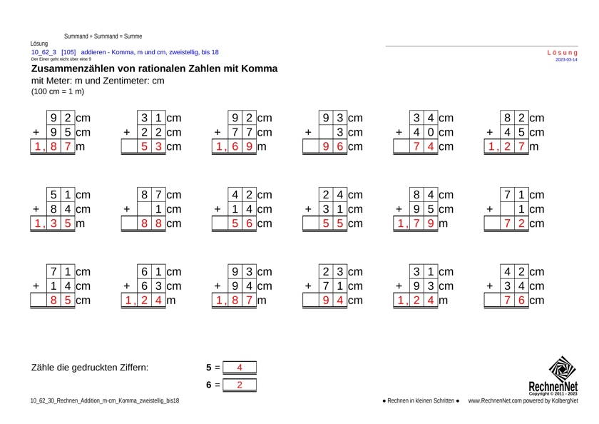 Lösung: 10_62_3 Rechnen Addition m-cm Komma zweistellig bis18