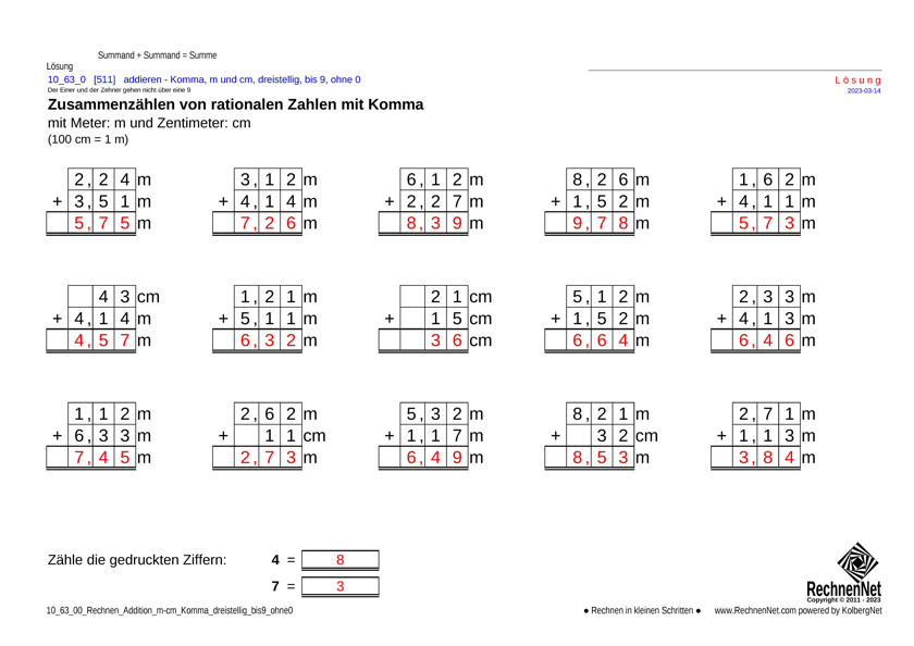 Lösung: 10_63_0 Rechnen Addition m-cm Komma dreistellig bis9 ohne0