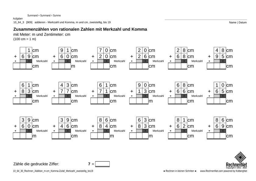 10_64_3 Rechnen Addition m-cm Komma Merkzahl zweistellig bis19