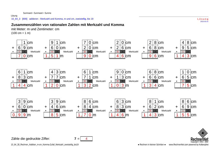 Lösung: 10_64_3 Rechnen Addition m-cm Komma Merkzahl zweistellig bis19