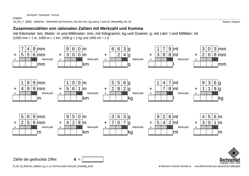 10_65_3 Rechnen Addition kg m ml Komma Merkzahl dreistellig bis19