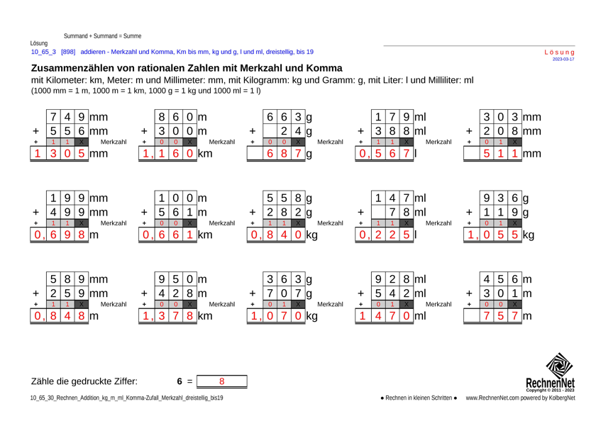 Lösung: 10_65_3 Rechnen Addition kg m ml Komma Merkzahl dreistellig bis19