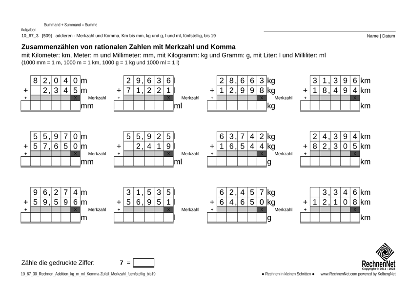10_67_3 Rechnen Addition kg m ml Komma Merkzahl fuenfstellig bis19