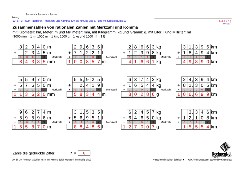 Lösung: 10_67_3 Rechnen Addition kg m ml Komma Merkzahl fuenfstellig bis19