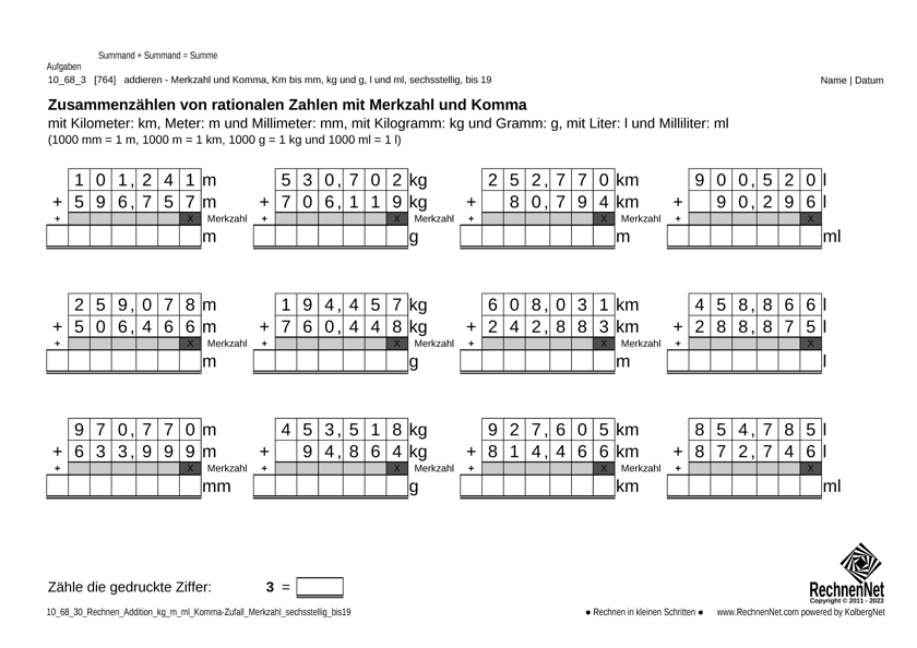 10_68_3 Rechnen Addition kg m ml Komma Merkzahl sechsstellig bis19