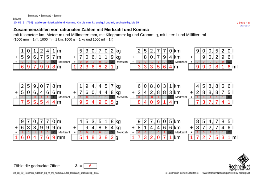 Lösung: 10_68_3 Rechnen Addition kg m ml Komma Merkzahl sechsstellig bis19