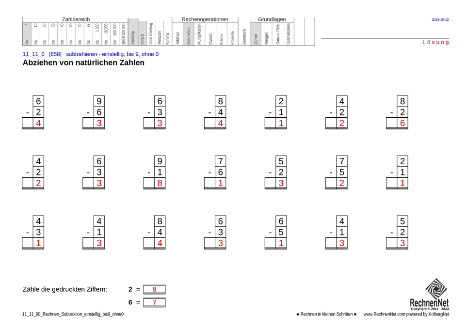 Lösung: 11_11_0 Rechnen Subtraktion einstellig bis9 ohne0