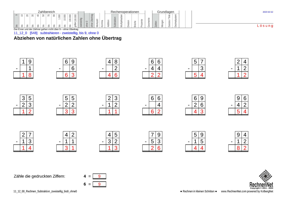 Lösung: 11_12_0 Rechnen Subtraktion zweistellig bis 9 ohne0