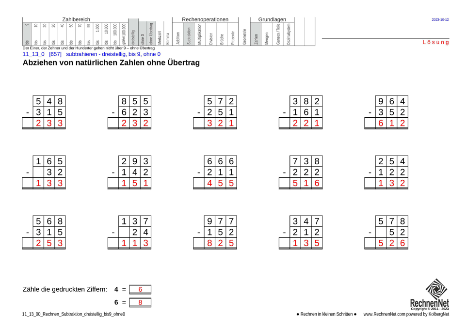 Lösung: 11_13_0 Rechnen Subtraktion dreistellig bis 9 ohne0