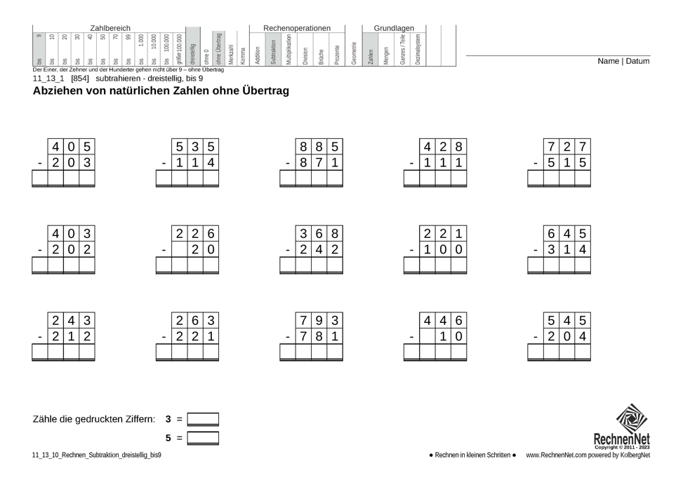 11_13_1 Rechnen Subtraktion dreistellig bis9 11_13_1 Rechnen Subtraktion dreistellig bis9