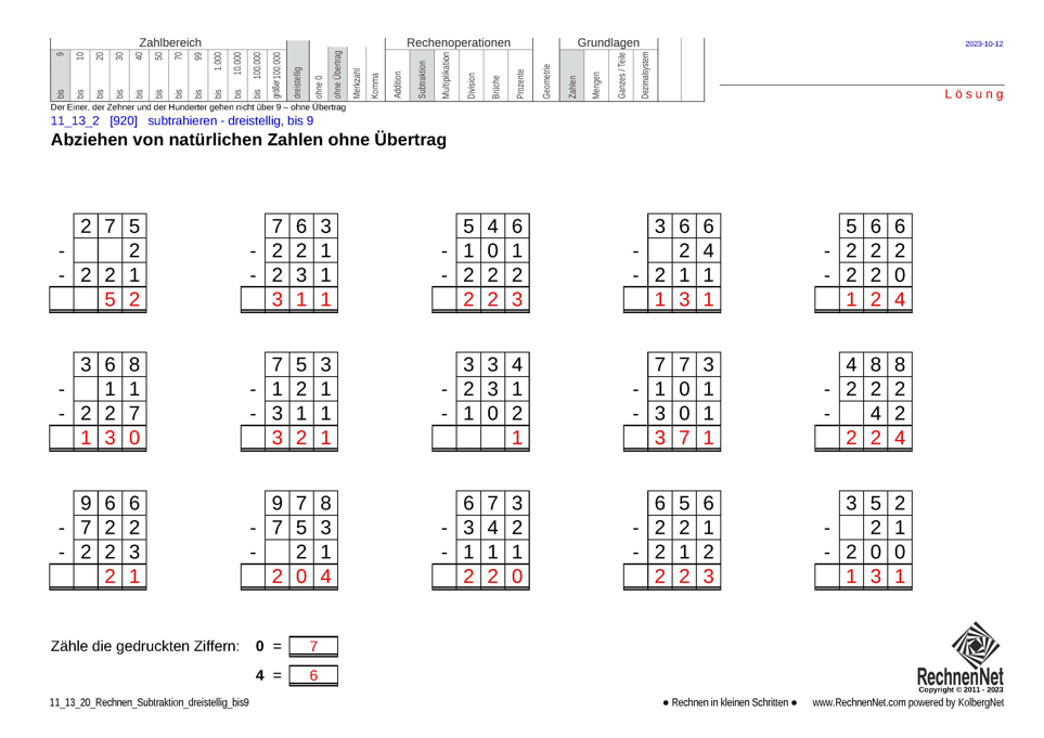 Lösung: 11_13_2 Rechnen Subtraktion dreistellig bis 9 Lösung: 11_13_2 Rechnen Subtraktion dreistellig bis 9