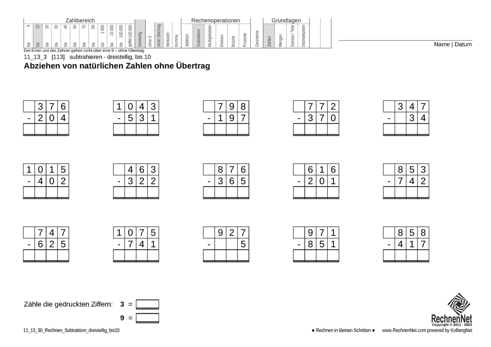 11_13_3 Rechnen Subtraktion dreistellig bis10 11_13_3 Rechnen Subtraktion dreistellig bis10
