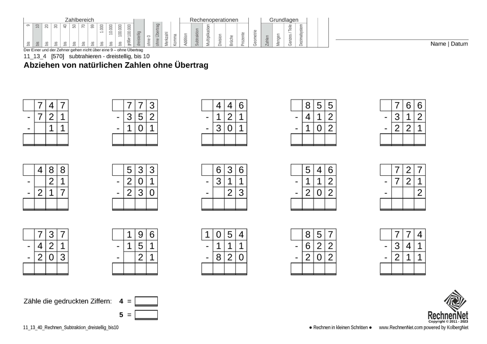 11_13_4 Rechnen Subtraktion dreistellig bis10 11_13_4 Rechnen Subtraktion dreistellig bis10