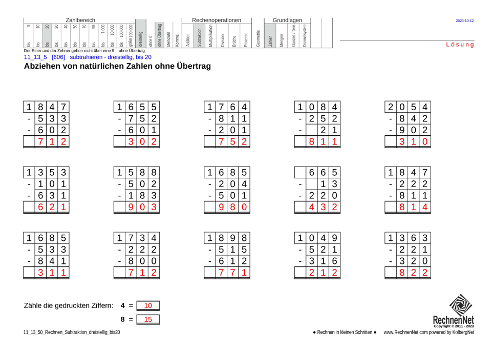Lösung: 11_13_5 Rechnen Subtraktion dreistellig bis 20 Lösung: 11_13_5 Rechnen Subtraktion dreistellig bis 20