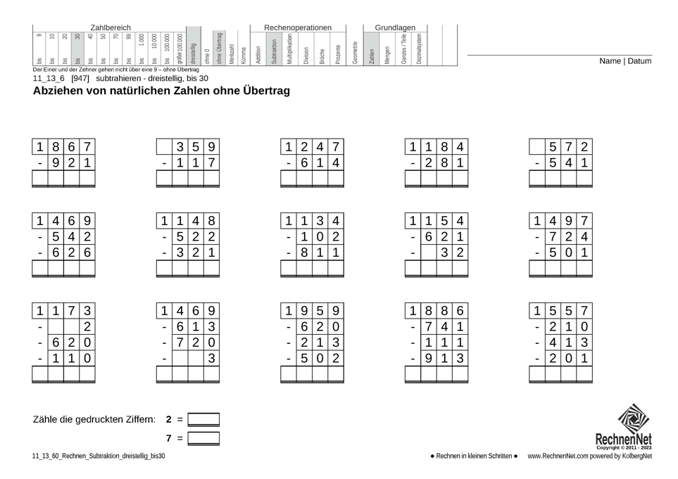 11_13_6 Rechnen Subtraktion dreistellig bis30 11_13_6 Rechnen Subtraktion dreistellig bis30