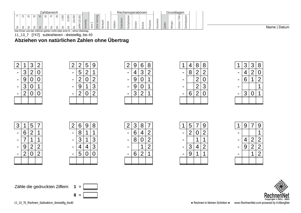 11_13_7 Rechnen Subtraktion dreistellig bis40 11_13_7 Rechnen Subtraktion dreistellig bis40