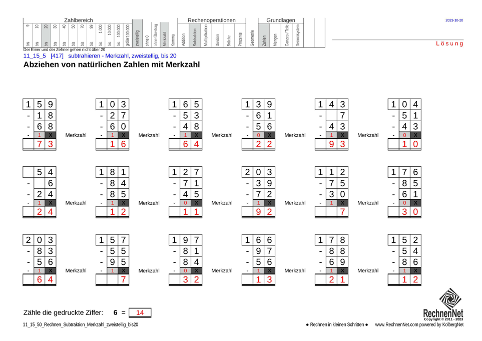Lösung: 11_15_5 Rechnen Subtraktion Merkzahl zweistellig bis20
