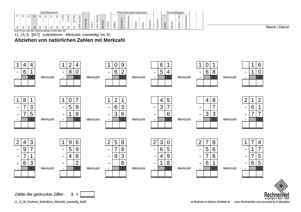 11_15_6 Rechnen Subtraktion Merkzahl zweistellig bis30