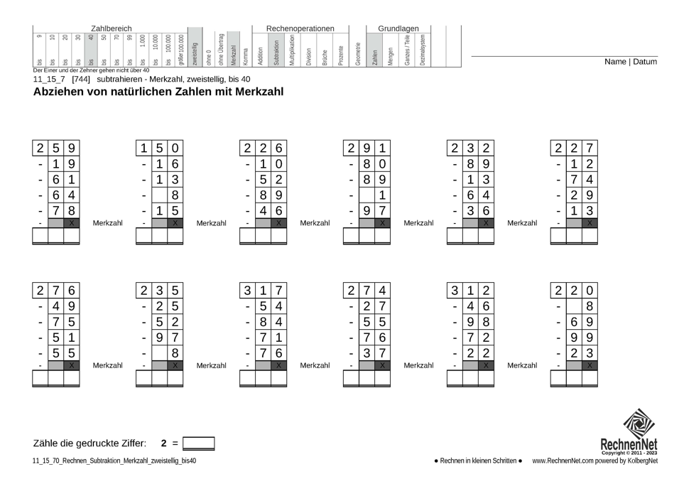 11_15_7 Rechnen Subtraktion Merkzahl zweistellig bis40