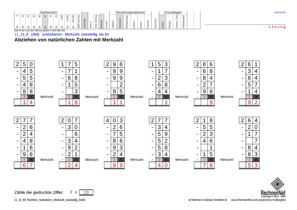 Lösung: 11_15_8 Rechnen Subtraktion Merkzahl zweistellig bis50