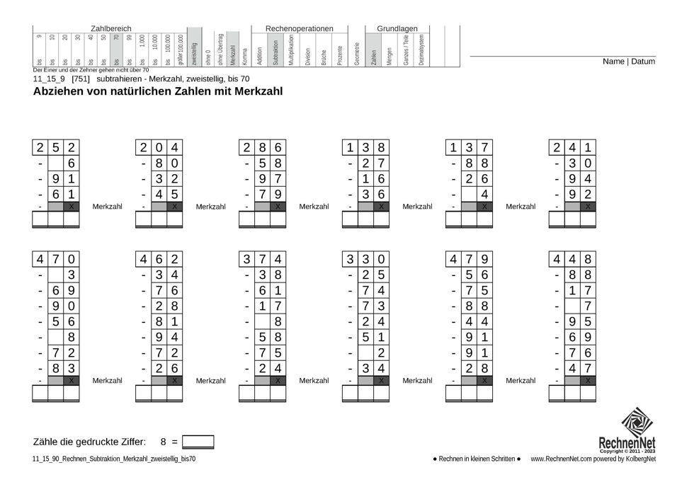 11_15_9 Rechnen Subtraktion Merkzahl zweistellig bis70