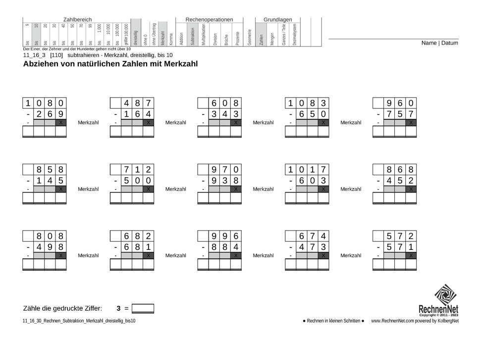 11_16_3 Rechnen Subtraktion Merkzahl dreistellig bis10