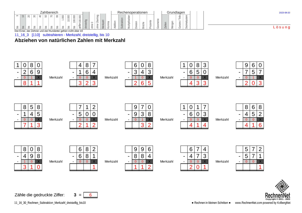 Lösung: 11_16_3 Rechnen Subtraktion Merkzahl dreistellig bis10